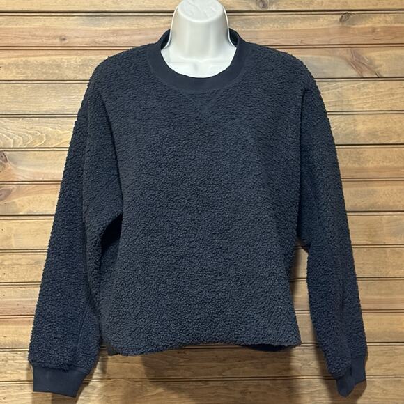 American Eagle Sweater Womens Small Teddy Sherpa Crop Boxy Black Crew Neck - Picture 1 of 9